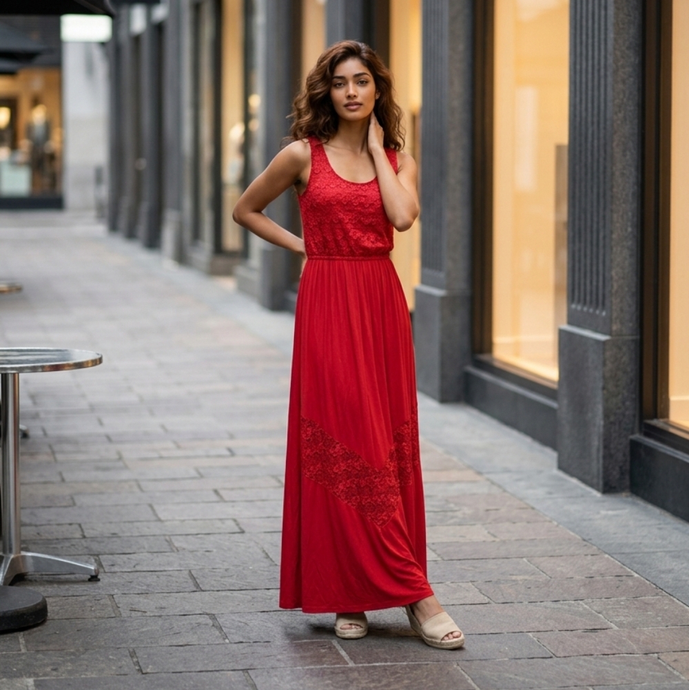 Finn & Clover Maxi Dress S Red Floral Lace Sheer Inset Sleeveless Romantic Glam